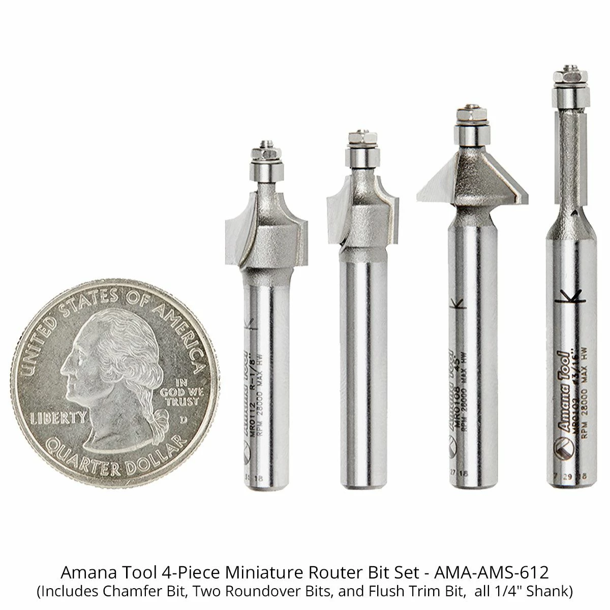 Amana Tool 4-pc Miniature Router Bit Set - (includes Chamfer Bit, Two Roundover Bits And Flush Trim Bit) 4 Amana Tool 4-pc Miniature Router Bit Set - (includes Chamfer Bit, Two Roundover Bits And Flush Trim Bit) - Image 4