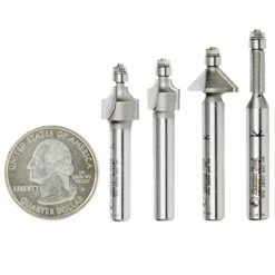 Amana Tool 4-pc Miniature Router Bit Set - (includes Chamfer Bit, Two Roundover Bits And Flush Trim Bit)
