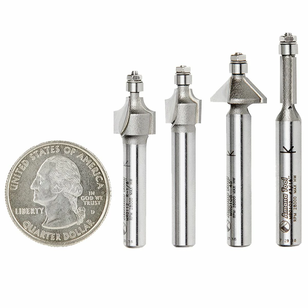Amana Tool 4-pc Miniature Router Bit Set - (includes Chamfer Bit, Two Roundover Bits And Flush Trim Bit) 1 Amana Tool 4-pc Miniature Router Bit Set - (includes Chamfer Bit, Two Roundover Bits And Flush Trim Bit)