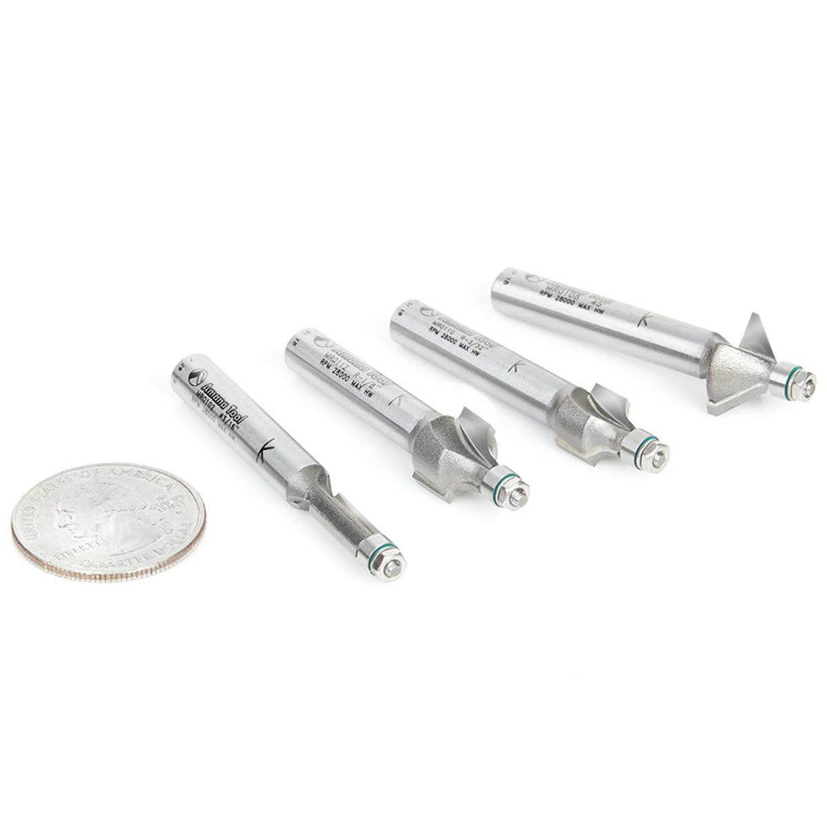 Amana Tool 4-pc Miniature Router Bit Set - (includes Chamfer Bit, Two Roundover Bits And Flush Trim Bit) 2 Amana Tool 4-pc Miniature Router Bit Set - (includes Chamfer Bit, Two Roundover Bits And Flush Trim Bit) - Image 2