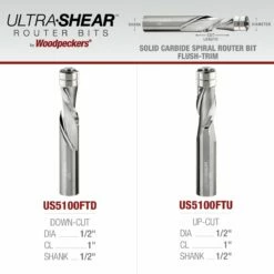 1/2" Diameter Solid Carbide Spiral Flush Trim Router Bit, 2-Flute, 1/2" Shank -tool Sales Store us5100ftu 5100ftd a