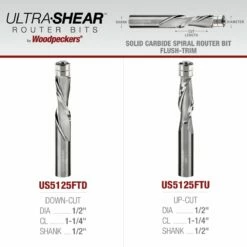 1/2" Diameter Solid Carbide Spiral Flush Trim Router Bit, 2-Flute, 1/2" Shank -tool Sales Store us5125ftu 5125ftd a