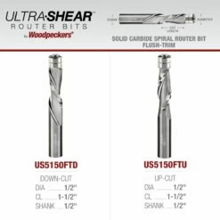 1/2" Diameter Solid Carbide Spiral Flush Trim Router Bit, 2-Flute, 1/2" Shank -tool Sales Store us5150ftu 5150ftd a