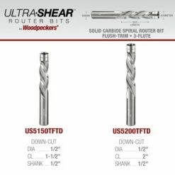 1/2" Diameter Solid Carbide Spiral Flush Trim Router Bit, 3-Flute, 1/2" Shank -tool Sales Store us5200tftd us5150tftd 08