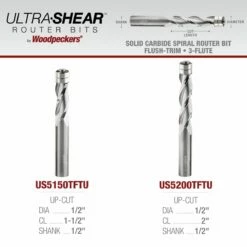 1/2" Diameter Solid Carbide Spiral Flush Trim Router Bit, 3-Flute, 1/2" Shank -tool Sales Store us5200tftu us5150tftu 09